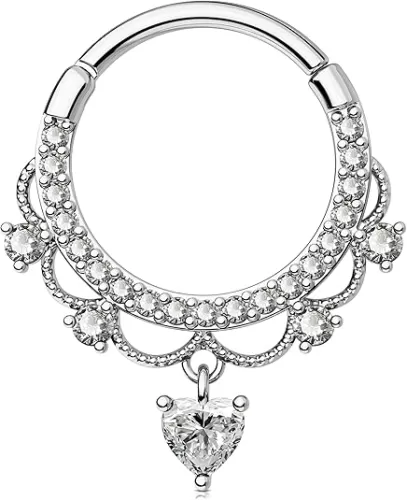 Jewseen 16g Cartilage Hoop Earrings Heart Dangle Septum Rings Septum Jewelry Cubic Zirconia Septum Hoop for Women Men