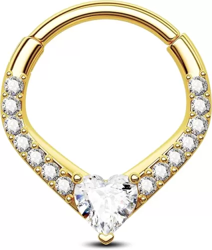 Jewseen 16G Gold Septum Ring Teardrop Daith Earrings Heart Septum Jewelry CZ Hinged Clicker V Shaped Cartilage Earrings Hoop Surgical Steel Helix Conch Tragus Piercing Jewelry for Women