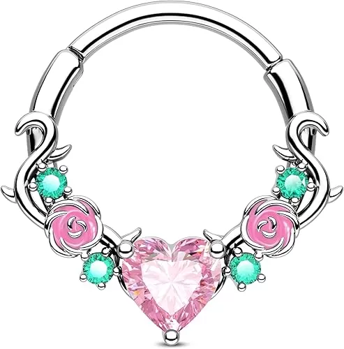 Jewseen Rose Septum Rings 16G Hinged Segment Rings 316L Stainless Steel Daith Earrings Heart CZ Septum Daith Helix Cartilage Piercing Jewelry for Women