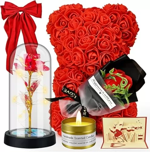 Jibeufi 6 in 1 Romantic Gifts for Her, Flower Rose Bear Birthday Gifts for Girlfriend Women Mom Kids Daughter, Wedding Gifts, Teddy Bear for Women (Rose Red)