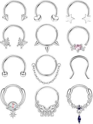 Jstyle 16G 10MM Septum Rings for Women Hypoallergenic Surgical Steel Septum Jewelry Heart Butterfly Nose Lip Piercing Hoop