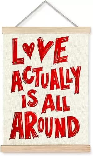 Jvpke Inspirational Retro Love Actually Is All Around Wall Art Poster Framed, Red Girly Modern Love Quote Aesthetic Canvas Wall Decor Prints for Home Bedroom Dorm Apartment Decorations, 12x16 Inch