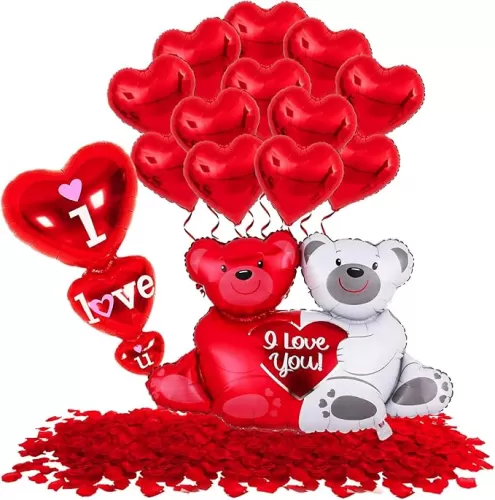KatchOn, Teddy Bear I Love You Balloons Set - 40 Inch | Red Rose Petals Pack of 1000, Red Heart Balloon for Romantic Decorations Special Night | Teddy Bear Balloon Decorations | I Love You Decorations