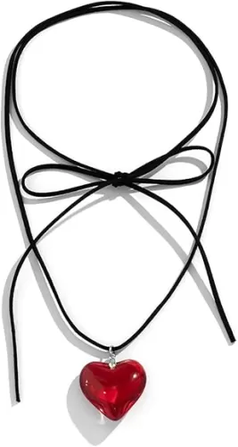 KIFEDSLJ Chunky Puffy Heart Choker Necklace Big Glass Heart Pendant Necklace Adjustable Gothic Braided Black Velvet Chain for Women Y2K Jewelry
