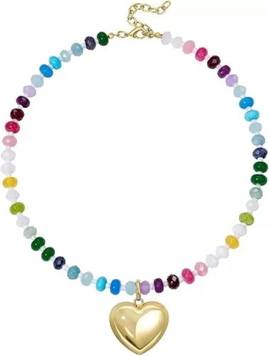 KissYan Beaded Necklaces for Women, Colorful Boho Bead Choker With Bubble Puffy Heart Pendant, Natural Stone Rainbow Necklaces Summer Surfer Beach Handmade Jewelry Gift