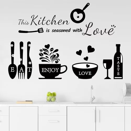 Kitchen Wall Stickers Decals Decor Kitchen Seasoned with Love Quotes Wall Decor Utensil Art Decorations for Home Dining Room Coffee Shop