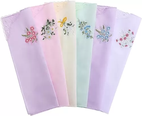 Ladies Cotton Handkerchiefs Flower Embroidered with Lace Ladies' Vintage Floral Lace Handkerchiefs for Wedding Party (6 Colors)