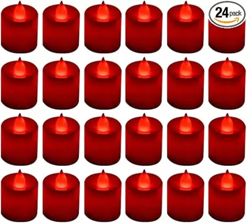LANKER 24 Pack Flameless Led Tea Lights Candles, Flickering Red Battery Operated Electronic Fake Candles, Decorations for Wedding, Party, Christmas, Halloween (Red)