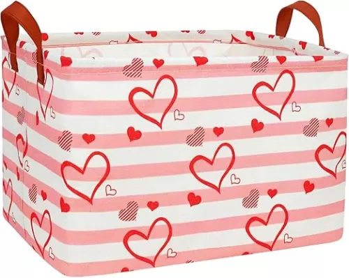 Large Valentine Basket Heart Shaped Storage Bin for Gifts Collapsible Toy Organizer Room Decor (Pink Horizontal Bar Love)