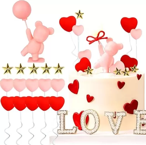 LaVenty 16 PCS Teddy Bear Valentines Day Cake Decoration Heart Love Cake Topper Heart Rose Cake Decoration heart love Gift for Valentines Day Party Supplies