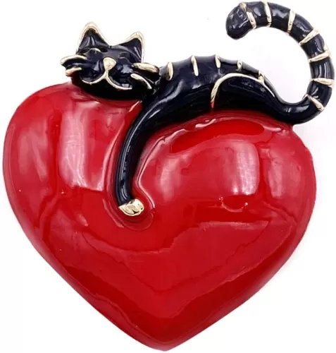 LAXPICOL Lovely Red Black Enamel Cat and Heart Brooch Valentine