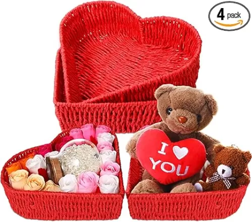 Layhit 4 Pcs Heart Baskets Woven Heart Shaped Bowl Valentine's Day Basket Serving Platters Serving Trays Fruit Vegetables Bread Valentine Table Decorations Gift for Wedding Baby Shower Party(Red)