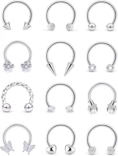 Lcolyoli Septum Rings 16G Surgical Steel Septum Jewelry Smiley Piercing Jewelry Daith Rook Earrings for Women Men Horseshoe Hoop Earring CZ Heart Butterfly Nose Rings 10mm