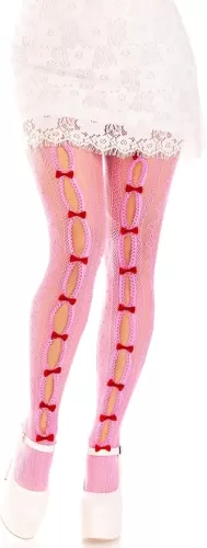 Leg Avenue Womens Sweetheart Striped Net Tights With Keyhole and Mini Bow Detail