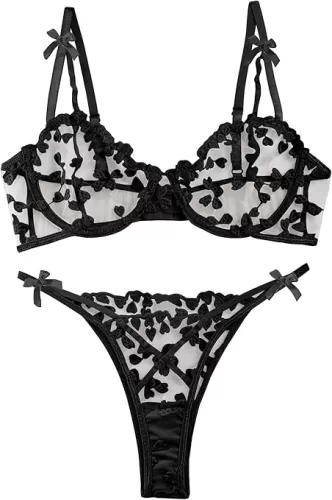 Lilosy Sexy Underwire Cute Push Up Strappy Embroidered Mesh Sheer Lingerie Set See Through Panty Bra