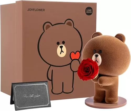 Line Friends Brown Bear Holding Preserved Flowers, Eternal Real Red Rose Romantic Gift with Elegant Gift Box for Girlfriend Wife Her in Valentine