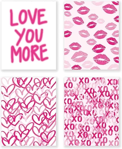 LiTiu Hot Pink Lips Hearts XOXO Love You More Preppy Wall Art Poster Prints Decor, 8”x10”Set Of 4, Preppy Love Artwork Girl Gifts for Women, Decorations For Home Bedroom