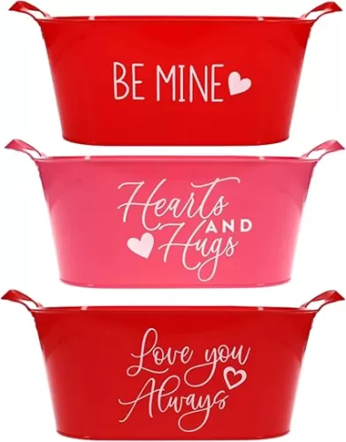 LLE Plastic Valentines Day Red Buckets with Handles & Printed Sentiment Design Decorative Storage Drink Cooler Candies Chocolates Toys & Gift Basket for Home Holiday Wedding & Birthday Party Set of 3