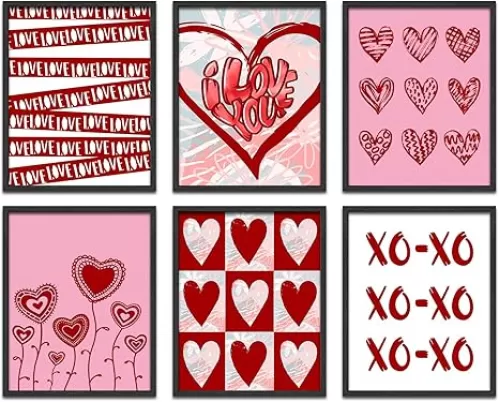 LNLAGBO Red Pink Love Heart Posters, Valentine's Day Wall Art Prints, Sweet Preppy Room Decor, Romantic Gifts for Teen Girls Women Bedroom Gallery Decor Set of 6(8"X10"Unframed)