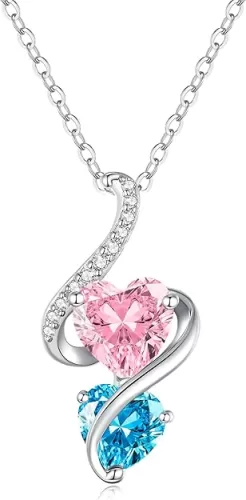 LOUISA SECRET Unique Double Heart Necklace Gifts for Wife Women, 925 Sterling Silver Tiny Birthstone Pendant Jewelry Gift for Her Girlfriend Mom Valentine