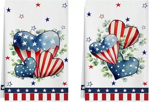 Love Hearts Eucalyptus Leaves America Stars Patriotic 4th of July Memorial Day Independence Day Kitchen Towels Dish Towels 18x26 Inch Set of 2 Home Decorations Hand Towels Drying Dishcloth