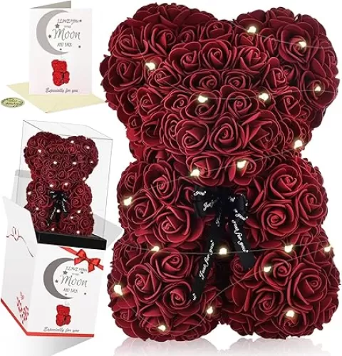 Madala Gift for Her, Birthday Gifts for Women, Rose Bear Flowers, Artificial Flower Bear, Best Gift, Wife for Birthday Anniversary Valentines Day with Clear Gift Box '10inch' (Wine Red)