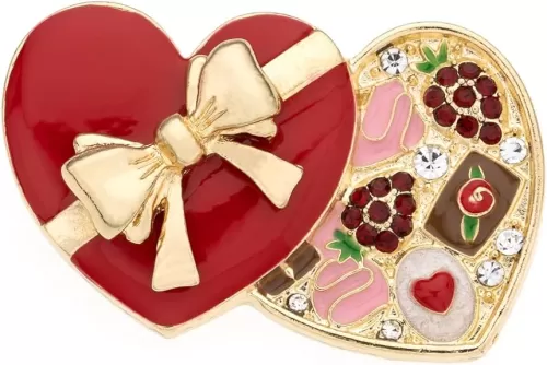 MADISON TYLER Valentines Day Heart Gift Box Brooch | Chocolate Gift Box Pave Rhinestone Heart | Gold Bow Brooch Jewelry for Her | Couples Gifts for Backpacks Valentine