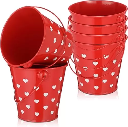 meekoo Valentine‘s Day Small Gift Buckets with Handle 4 Red Metal Sand Bucket Valentines Party Favor Candies Chocolate Gift Holder for Valentines Day Party(6 Pcs)