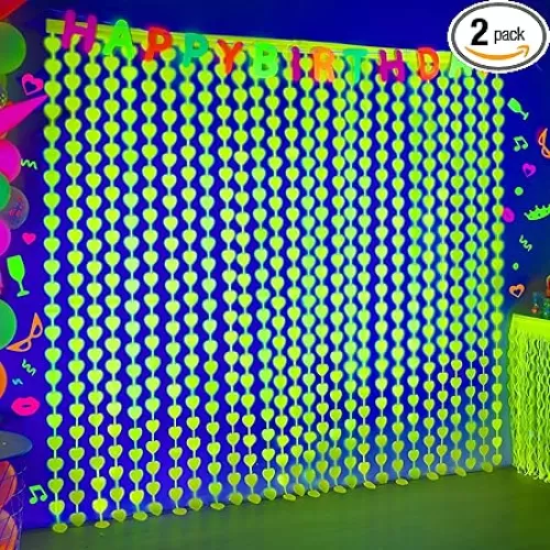 Mega-L Glow In The Dark Party Supplies, 2 Pack Neon Heart Party Decorations 3.3 x 6.6 ft Fluorescent Macaron Yellow Tinsel Foil Fringe Curtains, Photo Booth Prop Backdrop Streamer Birthday Party Decor