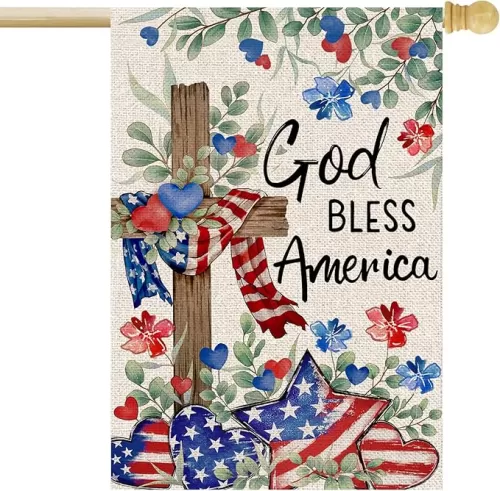 Memorial Day 4th of July House Flag 28x40 Inch Double Sided Outside Burlap Patriotic Stars Hearts Flowers Cross God Bless America Holiday Yard Outdoor Decoration
