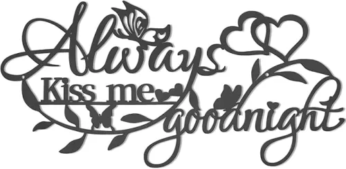 Metal Wall Home Decor Word Sign, Always Kiss Me Goodnight Art Butterflies Love Heart Wall Sculptures Hanging, Iron Letters Quotes for House Decoration Bedroom Living Room Kitchen (Black)