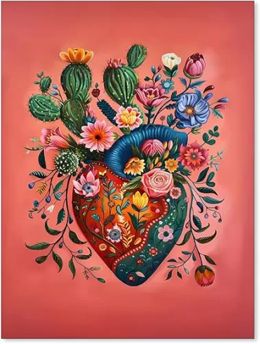 Mexico Blooming Heart Canvas Poster Colorful Vintage Botanical Wall Art Funky Trippy Pink Prints for Bed Living Room Apartment Wall Decor 12X16 inch Unframed
