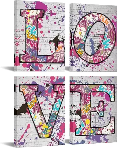 OuElegent 4 Piece Love Canvas Prints Graffiti Street Art Painting Pictures Modern Artwork Poster for Living Room Bedroom Bathroom Wall Decor Framed Ready to Hang