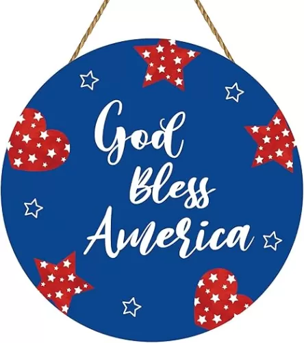 Patriotic Decorations 4th of July Wreaths for Front Door Hearts Pentagrams Wooden God Bless America Sign Door Decor for Fourth of July Memorial Day Porch Wall Indoor Home Decor