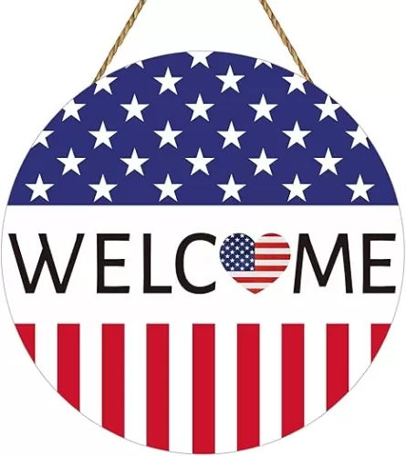 Patriotic Decorations 4th of July Wreaths for Front Door Red White and Blue Decorations American Heart Wooden Welcome Sign Door Decor for Fourth of July Memorial Day Porch Wall Indoor Home Decor