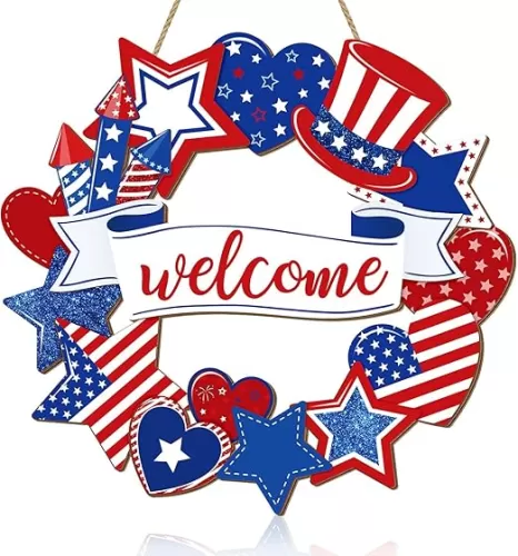 Patriotic Welcome Door Wreath Sign, 4th of July Decorations, Red White Blue Stars and Hearts Wooden Signs, American Flag USA Independence Day Wall Hanging Sign for Memorial Day Home Front Door Decor