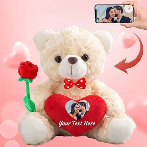 Personalized Teddy Bear with Photo and Custom Text on Heart, Stuffed Animals Valentine Teddy Bear with Rose & Bow as Im Sorry Gifts for Her on Valentine/Anniversary/Birthday (8 in-Red Heart)