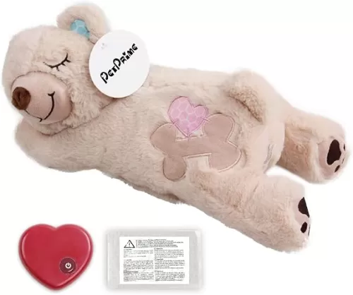 PetPrime Dog Plush Toy Heart Beat Puppy Plush Bear Toy with Warmer Bag Pet Soft Anxiety Puppy Relief Toy for Puppy Dogs Heart Beat Stuffed Animal Puppy Sleeping Buddy Anxiety Dog Toy
