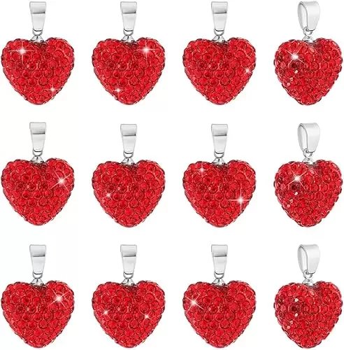 PH PandaHall 12pcs Rhinestone Heart Charms Dangle Pendants with Pinch Bail for Earring Necklace Making Rose Red Crystal Heart Pendants for Mother
