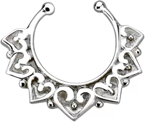 Pierced Owl 18G Sterling Silver Engraved Tribal Heart Design Clip On Non-Piercing Septum Ring