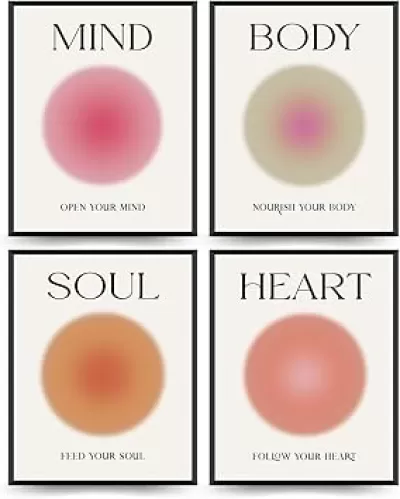 PLKMN Mind Body Soul Heart Wall Art Prints, Pink Energy Spiritual Positive Aura Posters For Room Aesthetic, Colorful Aura Poster Energy Wall Art for Bedroom Yoga 8x10 Inch Set of 4 Unframed