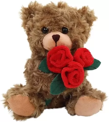 Plushland Stuffed Mocha Rose Bear, Plush Bear Toy for Kids & Adults - Red Rose in Hand - Brown-6 inches