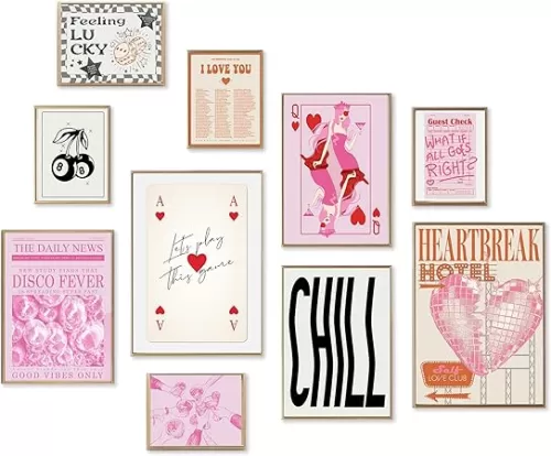 Preppy Room Decor for Teens, 10pcs Pink Queen of Hearts Posters for Room Aesthetic Y2k, Feeling Lucky Fashioon Canvas Wall Art, Minimalist Modern Wall Art, Trendy Eclectic Wall Decor for Bedroom Living