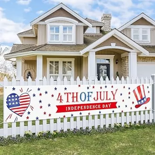 Probsin 4th of July Banner 120"x20" Decorations Outdoor National Independence Day Yard Sign Patriotic Hanging Decor Party Supplies Heart Hat Bunting for Outside Indoor Fence Garage Balcony Garden Room