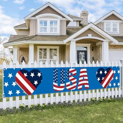 Probsin Large 4th of July Banner 120"x20" Decorations Independence Day Yard Sign Patriotic Hanging Decor American Hearts USA Party Supplies for Indoor Outdoor Fence Garage Balcony Garden Home Room