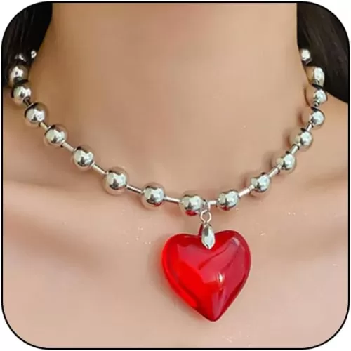 Puffy Large Heart Pendant Statement Necklace, Simple Clear Round Beaded Heart Choker Y2k Aesthetic Necklace Colorful Love Neck Jewelry for Women