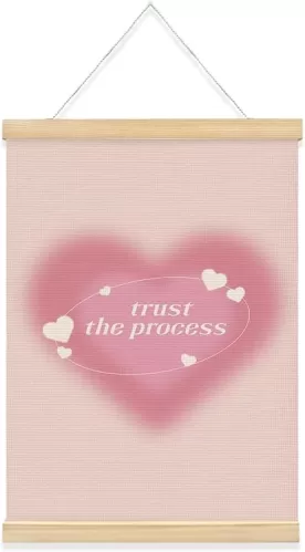 QROZIAR Pink Heart Wall Decor, Trust The Process Wall Art with Wooden Poster Hanger, Inspirational Signs Room Decor, Positive Affirmation Wall Hanging Decor for Girl Dorm Bedroom Home, 12x16 Inch