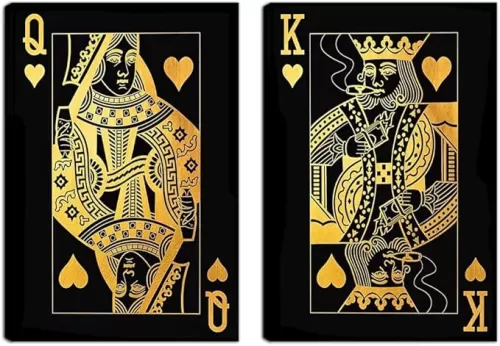 Queen and King of Hearts Framed Art Wall Canvas Decor, Golden Inspirational Playing Picture Poster Print Abstract Artwork for Bathroom Living Room Giclee Print Ready to Hang(20''W x 28''H x2)