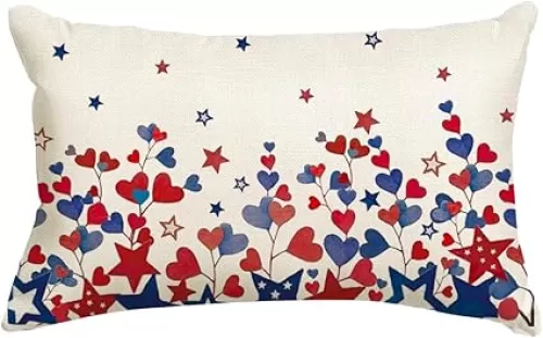 RABUSOFA 4th of July Throw Pillow Covers 12x20 Inch, Patriotic Heart Star Floral Red White and Blue Memorial Day Independence Day Fourth of July Decoration for Sofa Couch Outdoor Lumbar Cushion Case