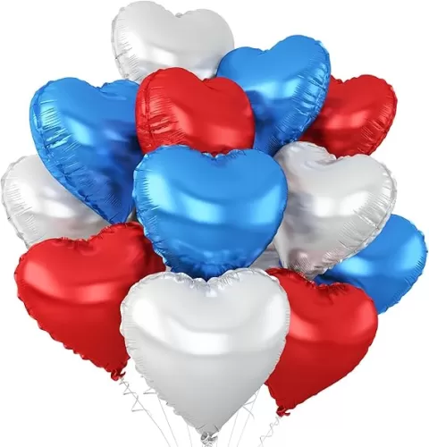 Red Blue Silver Heart Balloons, 12Pcs 18Inch Blue Silver Red Heart Shaped Foil Helium Polyester Film Balloons for Birthday Anniversary Wedding Engagement 4th of July Party Decorations